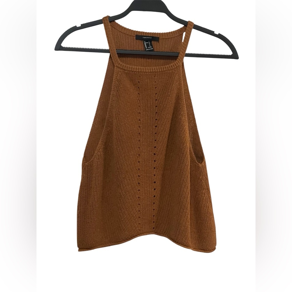 Forever 21 Camel Overlay Knit Linen Blend Sleeveless Top Size Large